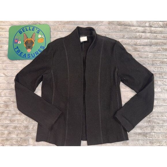 EILEEN FISHER Black Ribbed Open Front Viscose Blend Long Sleeve Jacket SzP Small - Picture 1 of 12